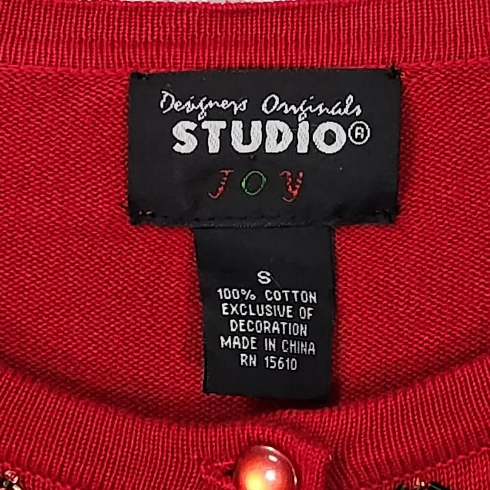 VTG 9Os CHRISTMAS SWEATER CARDIGAN RED BUTTON UP BEADED FANCY 100% COTTON SMALL